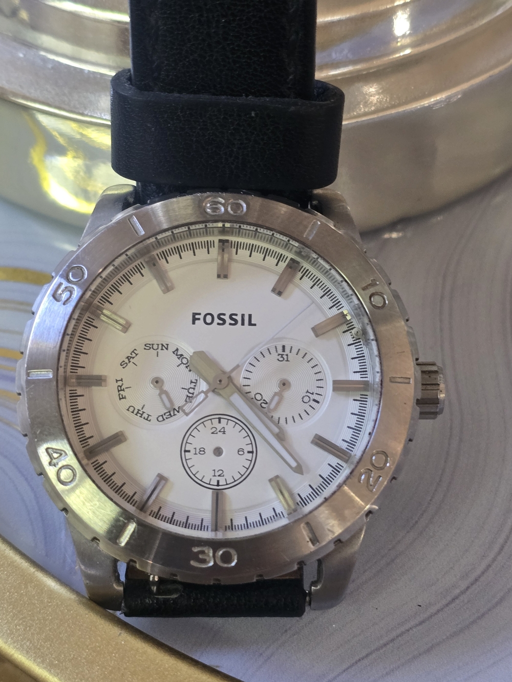 Fossil Men's Black Leather Strap Chronograph Watch - White Dial Missing Hands